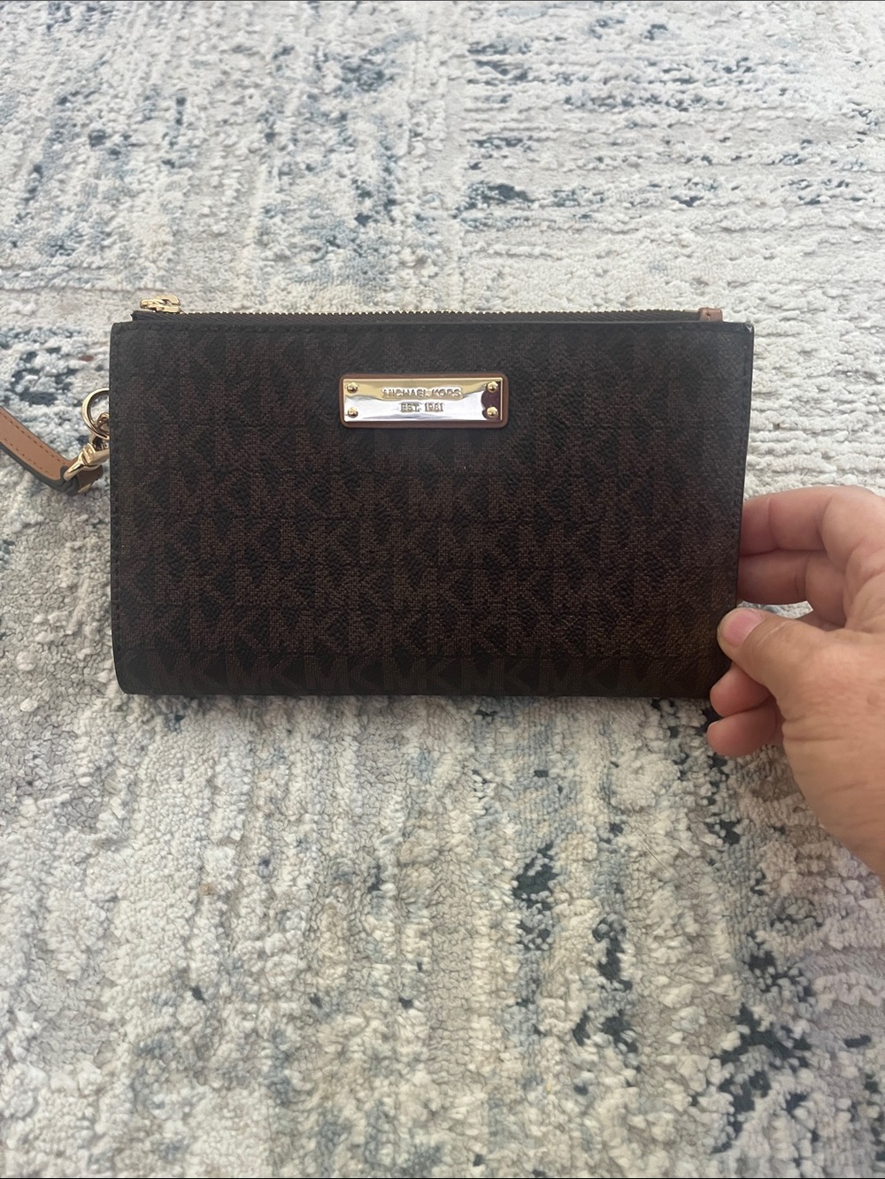 Michael Kors Dark Brown Monogram Zip Wristlet with Gold Hardware